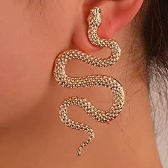 Gold Snake Earrings 3D Snakes Modern Nature Goth Glam Statement Post Halloween - Picture 4 of 9
